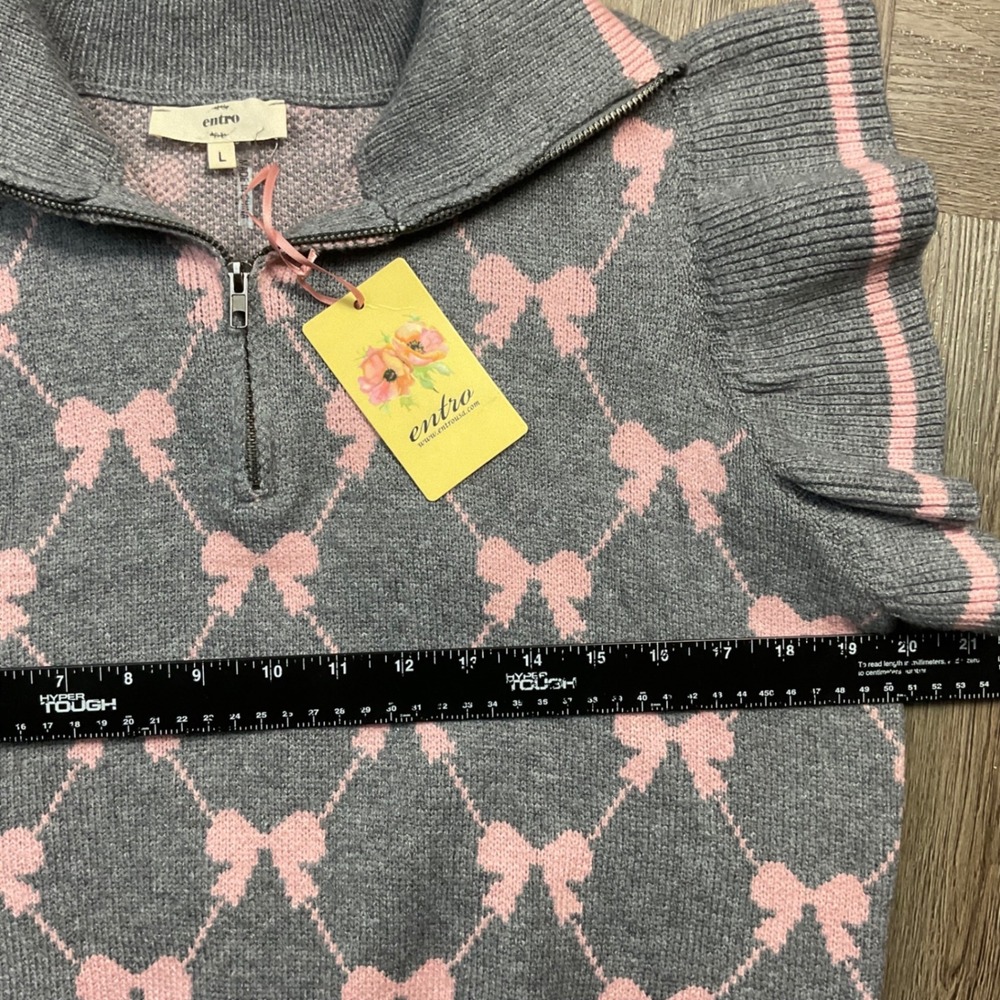 NWT Entro Bow Argyle Knit Sweater Top Shorts Set Womens Large Gray Pink Coquette - Picture 7 of 13